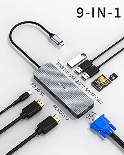 Hub USB C 2 HDMI Docking Station 9 en 1 100W