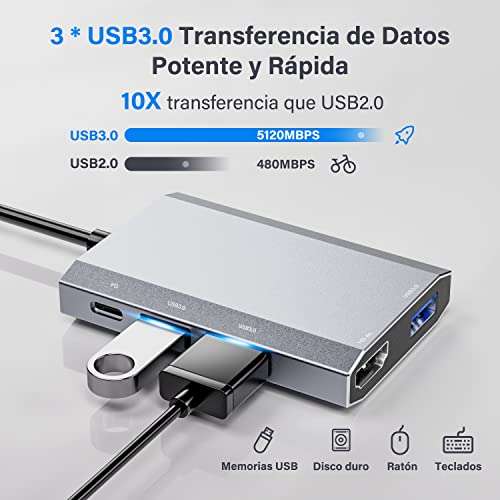 HUB 5 en 1 USB-C a HDMI, con 3xUSB 3.0 y Adaptador de Carga PD de 100 W, Válido para Nintendo Switch