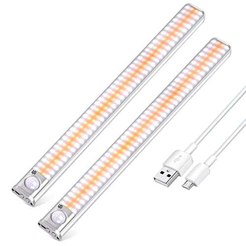 120 LED Luces Armario con Sensor de Movimiento, Luces LED Armario USB Recargable con Adhesiva Magnética, Brillo Ajustable,4 Modos, Pack 2