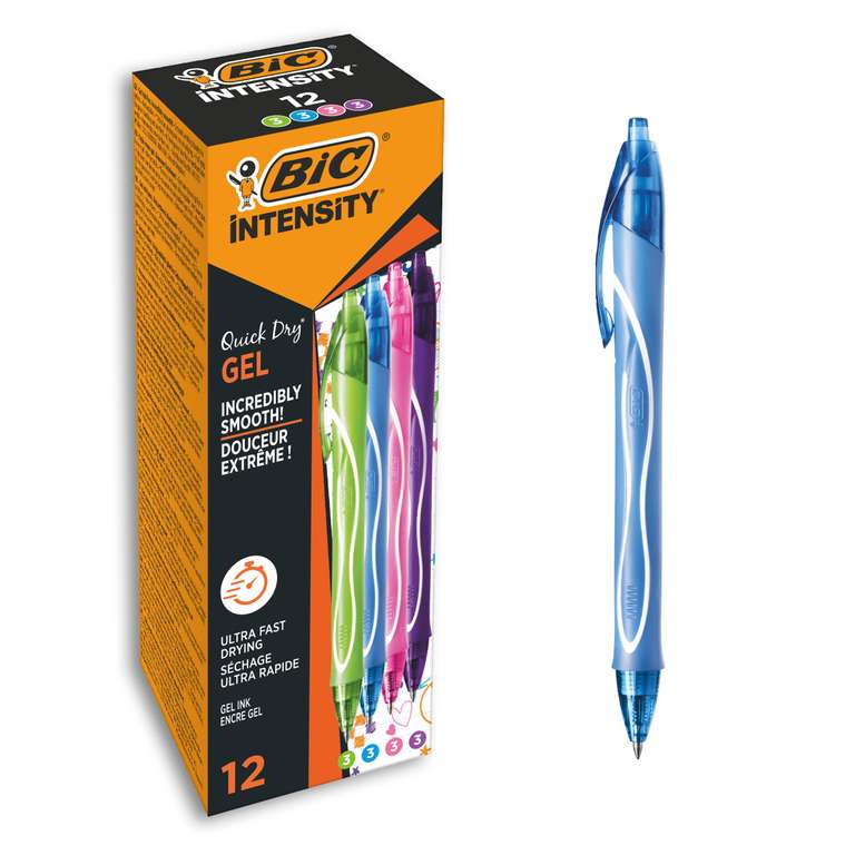 BIC Gel-ocity Quick Dry Gel, Bolígrafos de Gel, Punta Media (0,7 mm), Tinta de secado Ultrarrápido, Colores Surtidos. Paquete de 12 uds