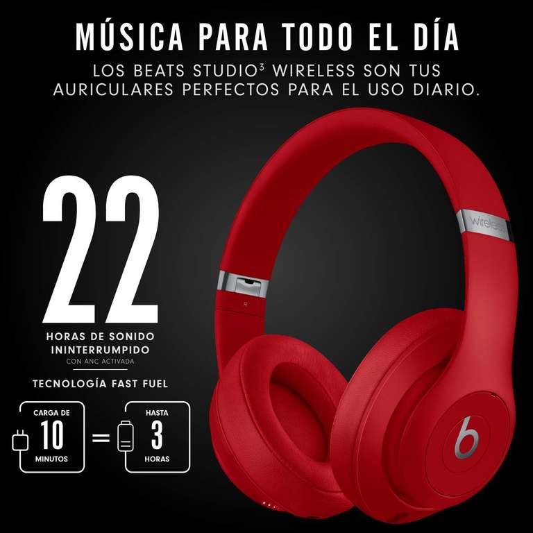 Beats Studio3 Wireless con cancelación de Ruido - Auriculares supraaurales - Chip Apple, 22 Horas de Sonido ininterrumpido - Rojo