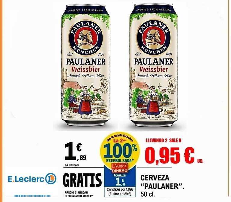 2x1 Paulaner Weissbier Cerveza alemana 2 Latas 50 cl x 1,89€ (sale la unidad a 0,95€)