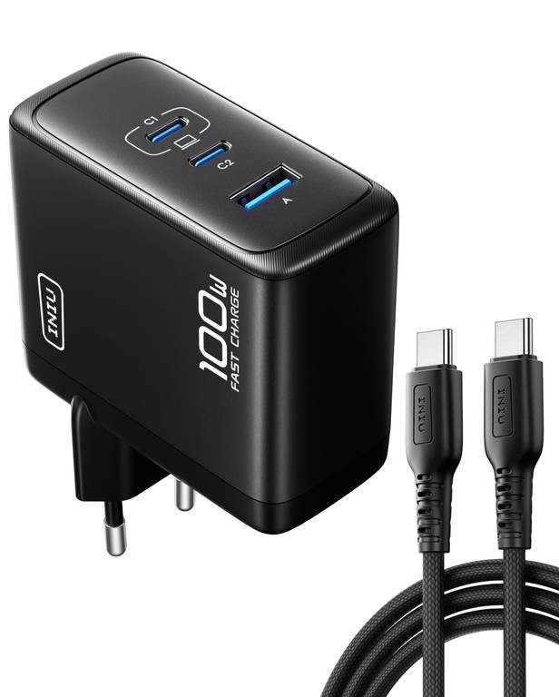 INIU Cargador USB C GaN 100W, 3-Puertos Cargador Rápido Compacto con Cable USB C de 100W 1.5m
