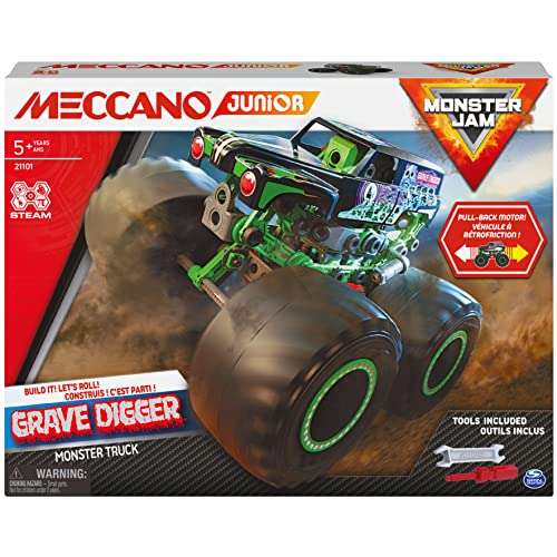 MECCANO Junior, Kit de construcción del Modelo Oficial Monster Jam Grave Digger Monster Truck Stem con Motor de fricción