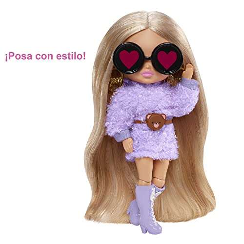 Barbie Extra Mini Muñeca pequeña articulada Rubia con coletas y Sudadera Morada y Accesorios