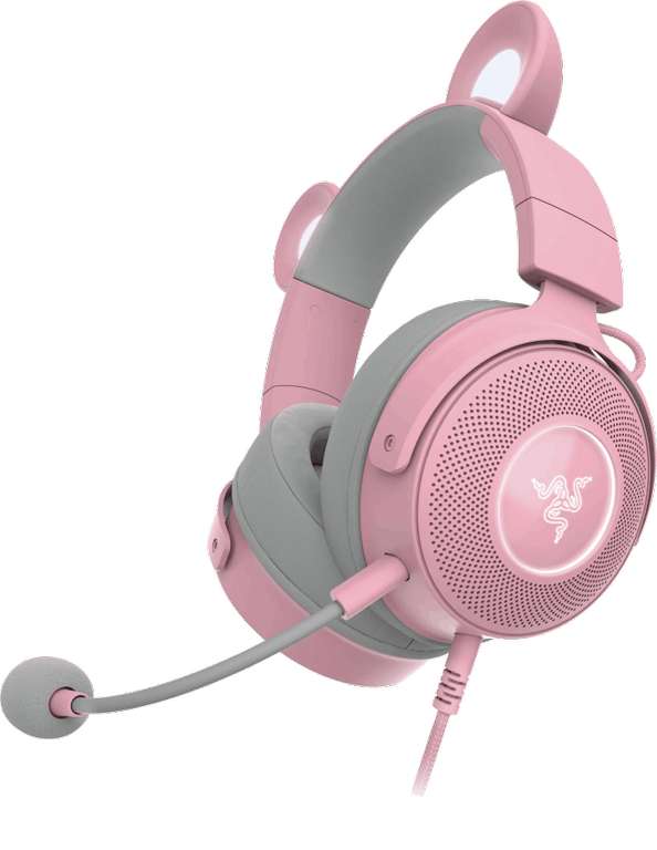 Auriculares gaming Razer Kraken Kitty V2 Pro, cancelación de ruido pasiva, orejas intercambiables, micrófono integrado, rosa