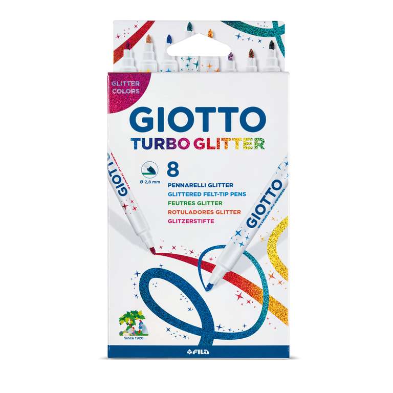 GIOTTO Turbo Glitter, Rotuladores con Tinta Glitter, Punta Fina, Punta 2.8mm, Colores Surtidos, 8 uds