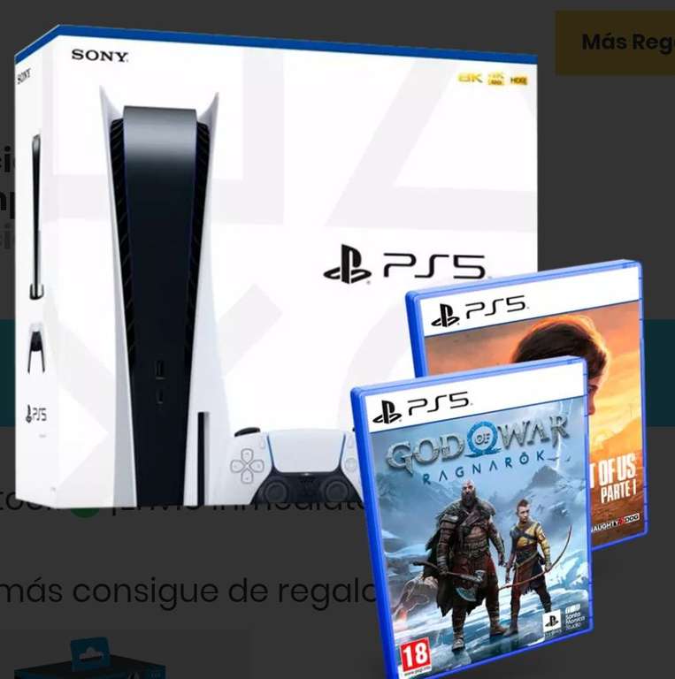 Consola PS5 Disco + God of War: Ragnarök (físico)+ Last of Us: Parte 1 (físico) + Base de carga + 17€ próx compra