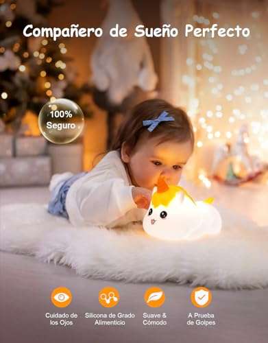 Luz Nocturna Infantil, Lampara Bebe Noche de Silicona Unicornio con 9 Cambio de Color Dual & Modo de Ciclo Luz, Control Táctil.