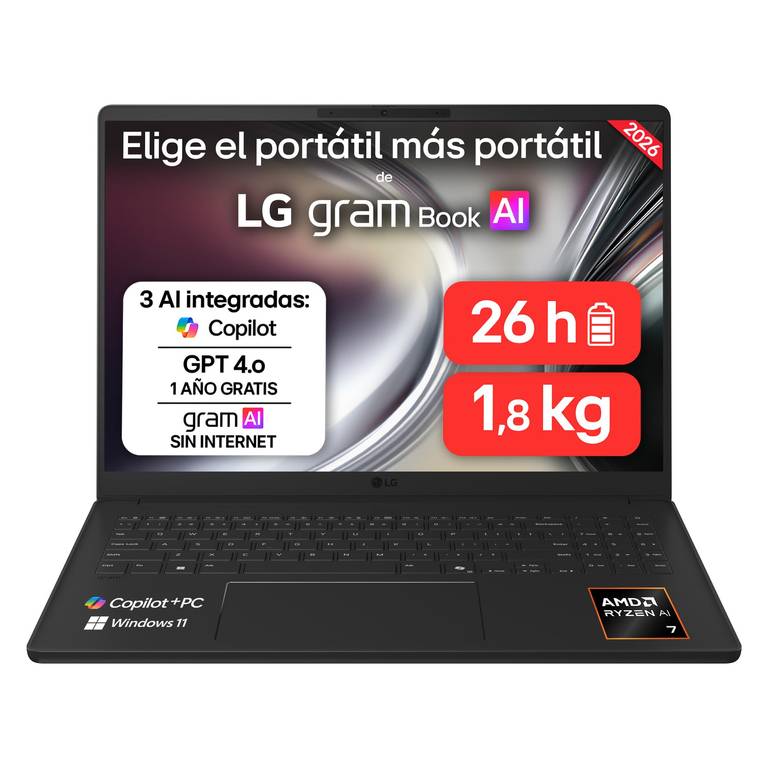 LG gram 16U55U – Portátil, Ultraligero, Ryzen AI 7 445, , 32 GB RAM, 512 GB SSD, 16 AMD Radeon Graphics, IPS Antirreflejo, W11
