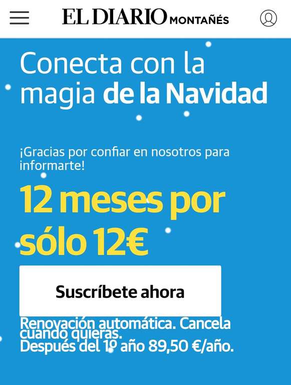 ¡Últimas horas! Suscripción 12 meses por 12€ a El Diario Montañés - Online