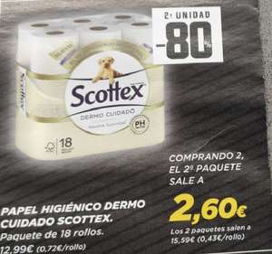 2 Paquetes SCOTTEX Papel Higiénico Dermo Cuidado pH neutro, 2 paquetes de 18 rollos (80% dto. en la 2ª Unid.)