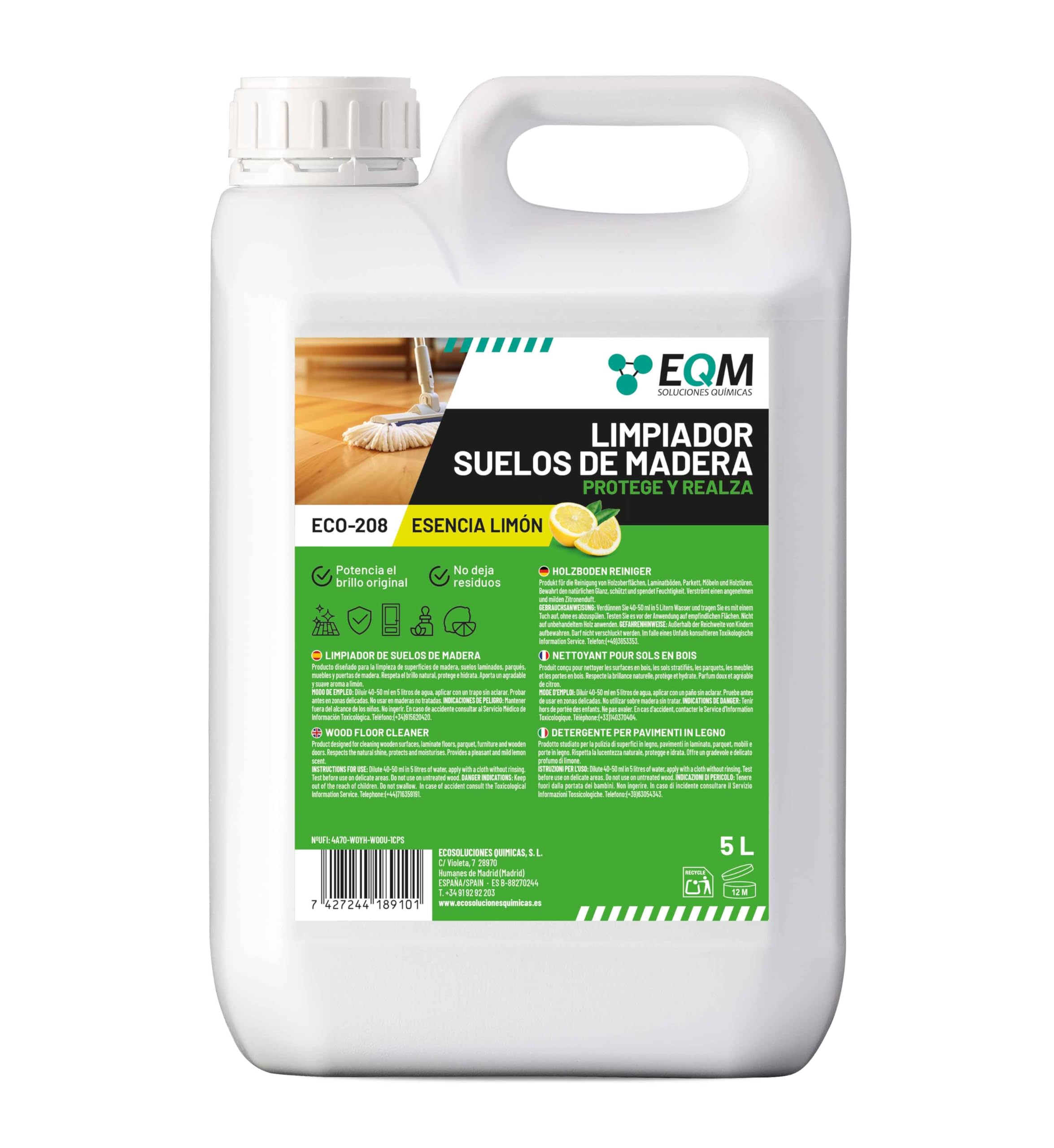 EQM - ECO-208 - Limpiador de Suelos de Madera - 5L - Limpia, Protege e Hidrata - Suelos de Parquet, Tarima y Laminados , muebles