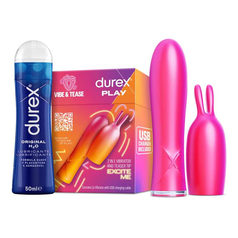 Durex Conejito Vibrador 2 en 1 VIBE & TEASE + Lubricante Original H2O 50 ml + 6x Preservativos