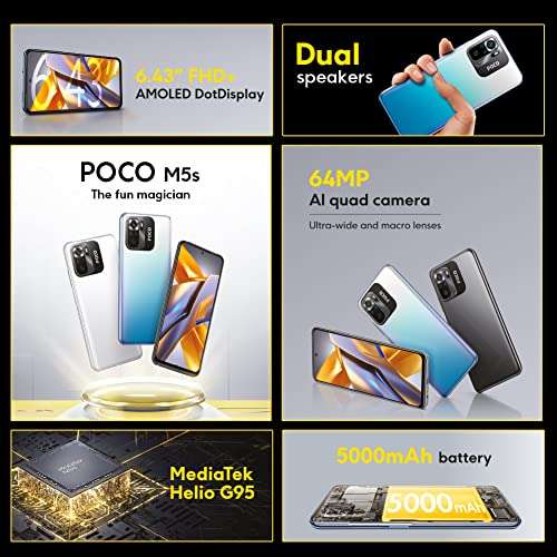 POCO M5s - Smartphone de 4+64GB, Pantalla de 6.43” FHD+ AMOLED DotDisplay, MediaTek Helio G95, Cuádruple cámara de 64MP con IA, 5000mAh, NFC