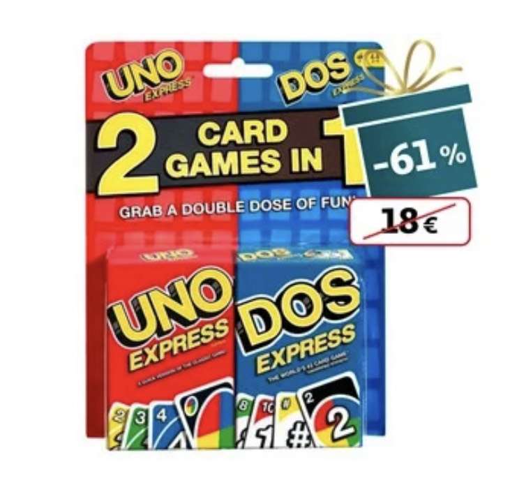 Pack de 2 juegos de cartas: Uno Exprés y Dos, de 2 a 4 jugadores
