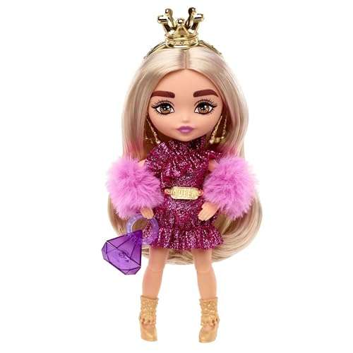 Barbie Extra Mini Rubia con corona dorada Muñeca pequeña con vestido rojo, accesorios de moda y soporte, juguete +3 años (Mattel HJK67)