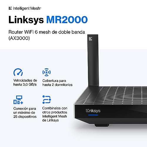 Linksys Router WiFi 6 Mesh de Doble Banda Hydra 6 (AX3000) - Router para Gaming, hasta 3 Gbps,admite + de 25 Dispositivos y Cobertura 185 m²