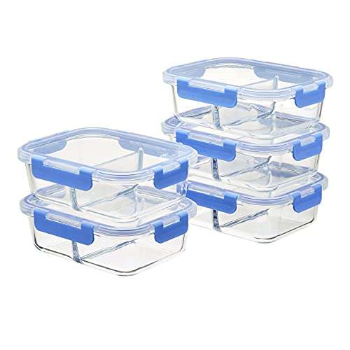 Amazon Basics Recipientes de vidrio con 2 compartimentos para la preparación de comidas, 1,06 l,