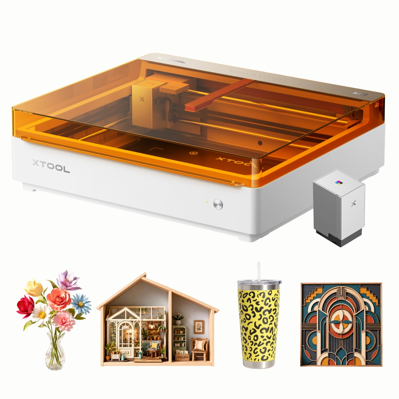 xTool M2 10W Grabadora láser cerrada Clase 1 con impresora CMYK y doble cámara. Ideal para grabar y cortar madera, cuero y lienzo a color