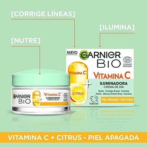 Garnier - Crema de Día Iluminadora con Vitamina C, Corrige líneas y Potencia la luminosidad en 24H, Fórmula Vegana, 50 ml