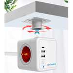 Regleta Enchufe Cubo con Soporte Mesa y Pared 2 USB Tipo A y 1 USB Tipo C Carga Rapida Interruptor de Encendido Ladron de Enchufe 4 Tomas