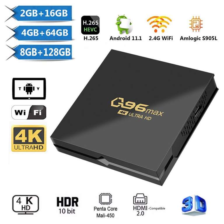 Android TV Box Q96 Max 8GB/128GB 4K H.265 reproductor multimedia Video 2,4G Wifi