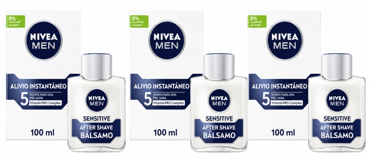 3 X NIVEA MEN Sensitive Bálsamo After Shave, para el cuidado de la piel sensible, bálsamo anti irritaciones con 0% alcohol (3,15€/unidad)