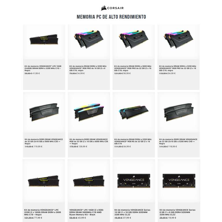 Ofertas de RAM en la web de Corsair - DDR4, DDR5, de escritorio, y para portátiles