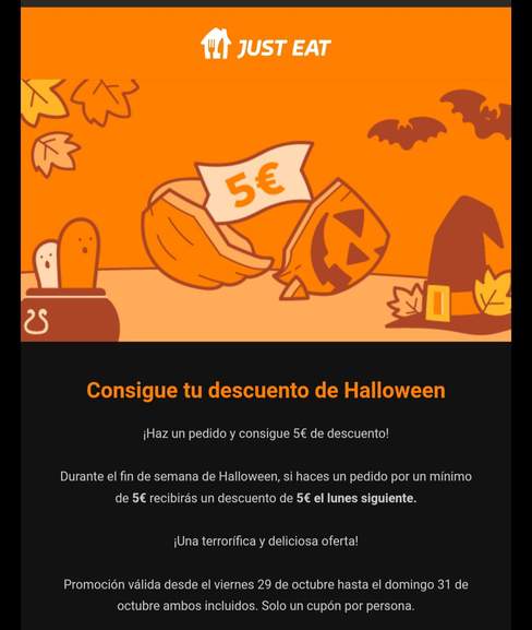 5 euros de descuento en Just Eat para pedidos de +10€ si pides este fin de  semana +5€ » Chollometro