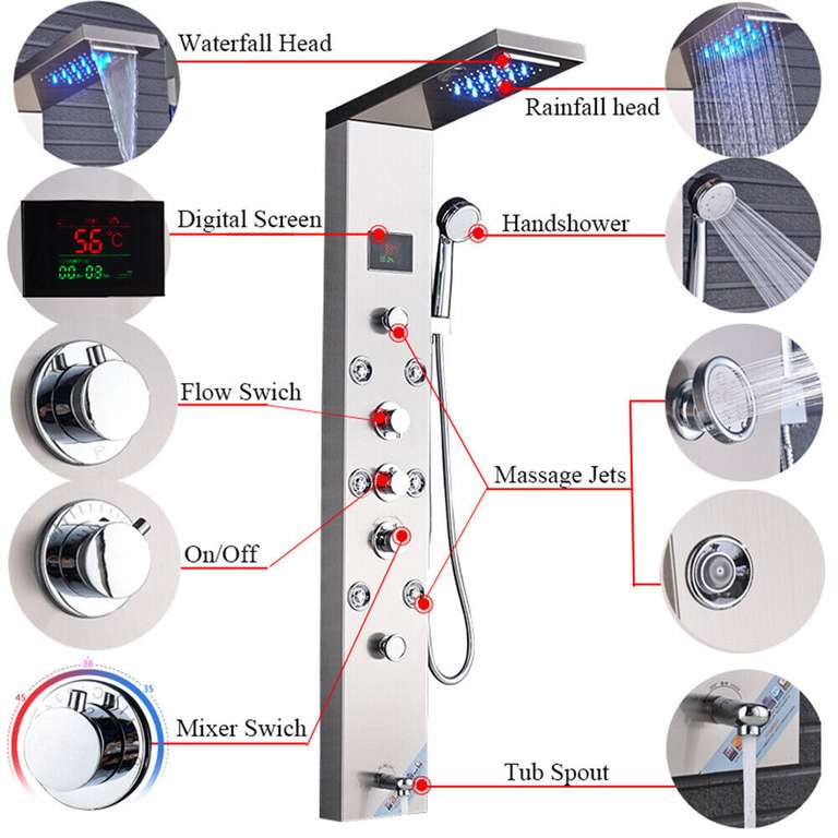 Panel de ducha LED de Hidromasaje acero inoxidable con indicador de temperatura