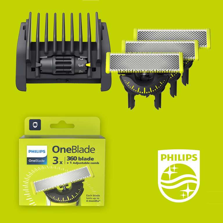 Philips OneBlade 360 Cuchilla de repuesto, con peine-guía ajustable 5 en 1 para recortar, perfilar y afeitar, modelo QP437/50