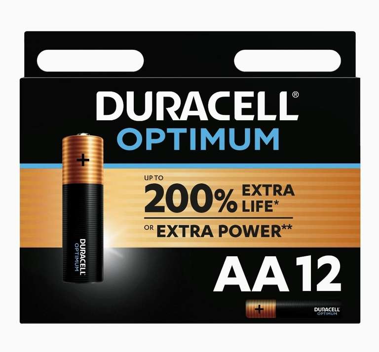 Paquete de 12 pilas Duracell alcalinas Optimum AA, 1.5 Voltios LR6 MX1500