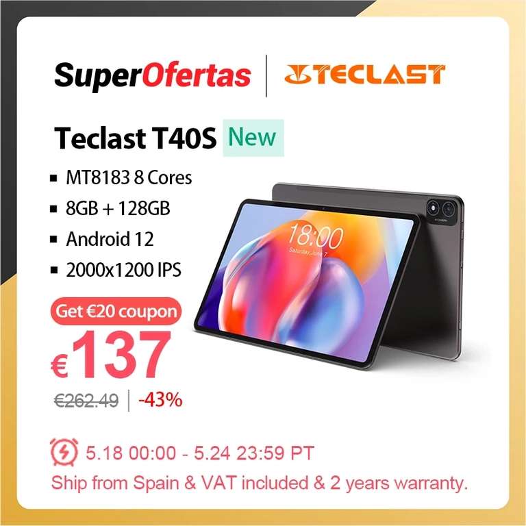 Teclast-Tableta T40S 2023 2K de 10,4", 8 + 8, 16GB de RAM, 128GB de ROM, 2000x1200 IPS,, Android 12, WiFi tipo C - Desde España
