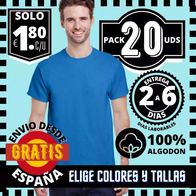 [1,80€ / Unidad] Pack de 20 camisetas lisas de algodón 100% para estampar en colores variados