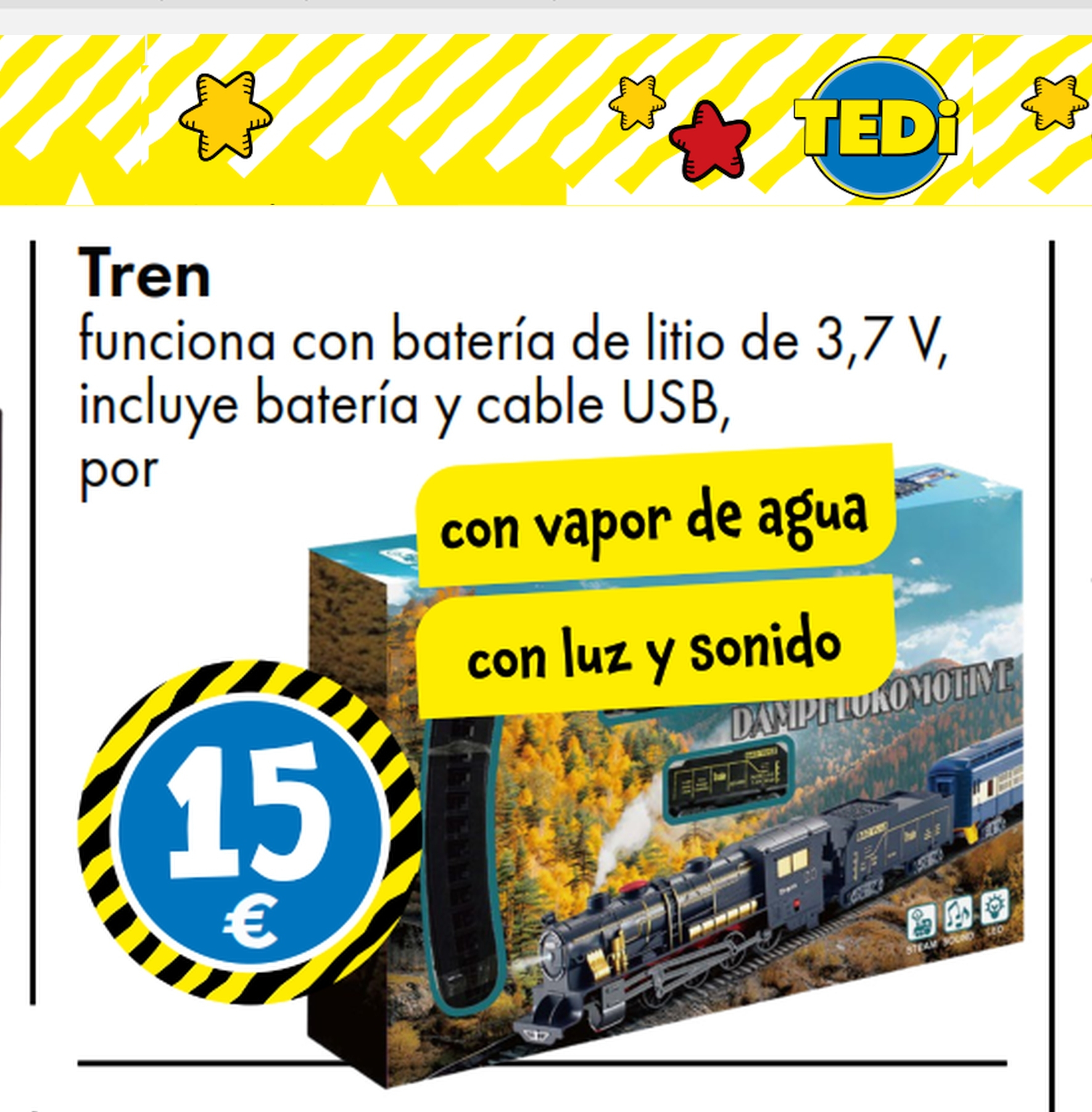 Tren eléctrico con vapor de agua, luz y sonido incluye batería de litio y cable USB x 15€