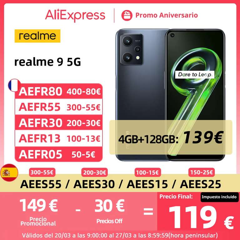 Realme 9 5G 4GB/64GB y 128GB Global ( 4/128 a 139€ ) - Desde España