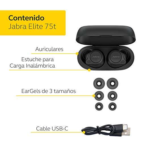 Jabra Elite 75t, Carga inalámbrica Auriculares Bluetooth con Cancelación Activa de Ruido y batería de larga duración
