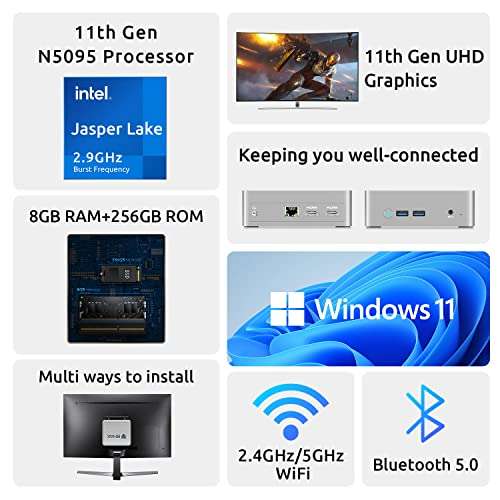 Mini PC Windows 11 Pro BMAX B3Plus 8GB DDR4 256GB Jasper Lake N5095 (bis zu 2,9 GHz) M.2 SSD Mini Desktop Computer Dual-Screen Display HDMI