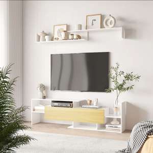 Conjunto Muebles de TV 153,6x25x42cm y Estante de Pared 150x14,5x16,3cm Blanco y Natural