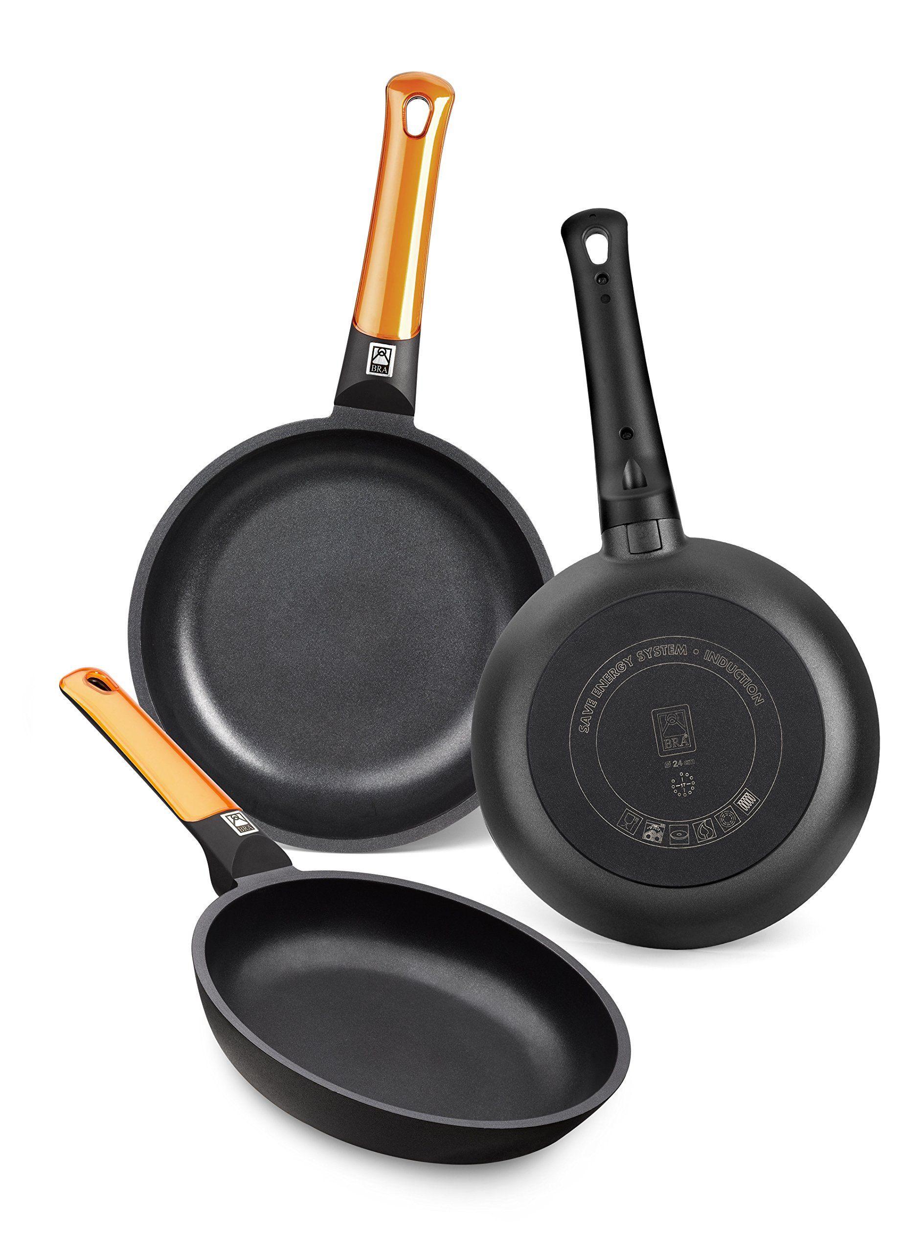 BRA Efficient Orange | Set 3 Sartenes 18-22-26 cm Antiadherente y 100% Libre de PFOA, para Todo Tipo de Cocinas, Aptas para Lavavajillas