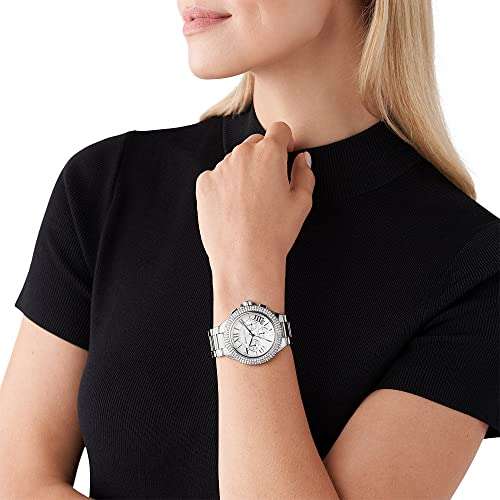 Michael Kors Reloj para mujer Camille, movimiento de cronógrafo, caja de acero inoxidable plateado de 43 mm MK6993
