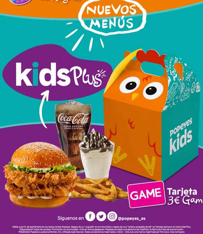 Consigue una tarjeta regalo de 3 euros para canjear en Game si pides un menú Kids Plus en Popeyes