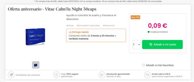 Melatonina para dormir Vitae CalmTu night 30 cápsulas por 0,09€