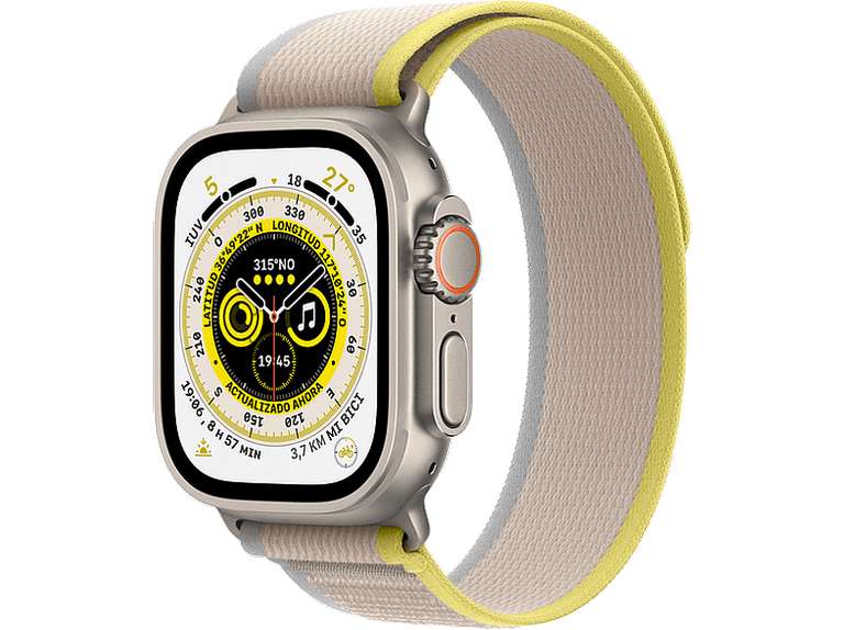 APPLE Watch Ultra (2022), GPS + Cellular, 49 mm, Caja de titanio, Cristal de zafiro, Correa Loop Trail en Talla M/L de color Amarillo/Beis