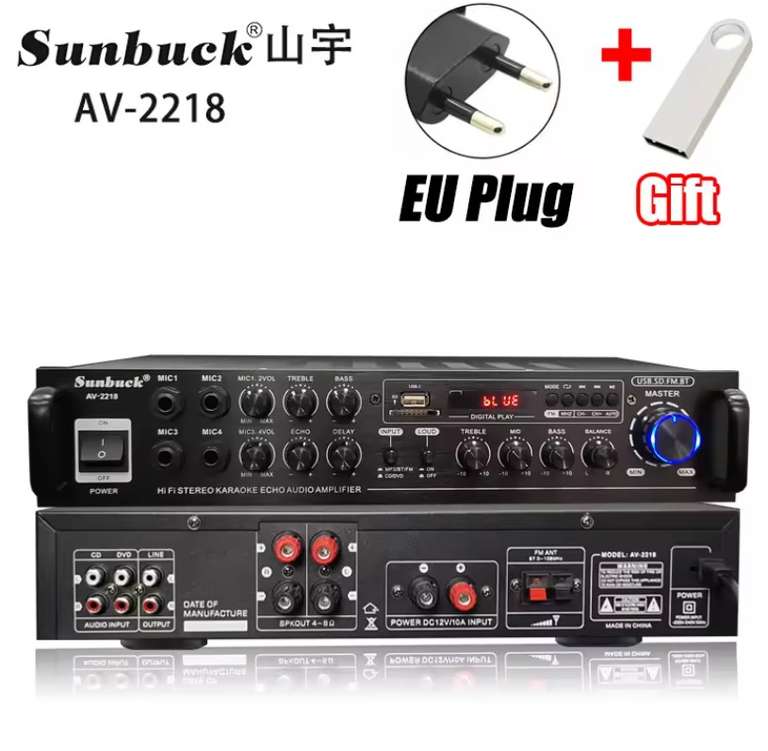 AMPLIFICADOR DE SONIDO AV-2218 PARA Karaoke, dispositivo Digital estéreo con Bluetooth 5,0, FM, USB, SD, 4 entradas de micrófono máx. 4000W