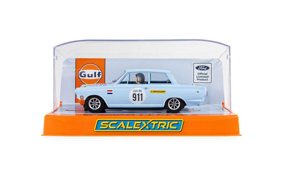 Scalextric C4669 Ford Lotus Cortina Gulf Edition Slot Car, Escala 1:32, Azul y Naranja, Coche nº 911, con Luces y magnatracción
