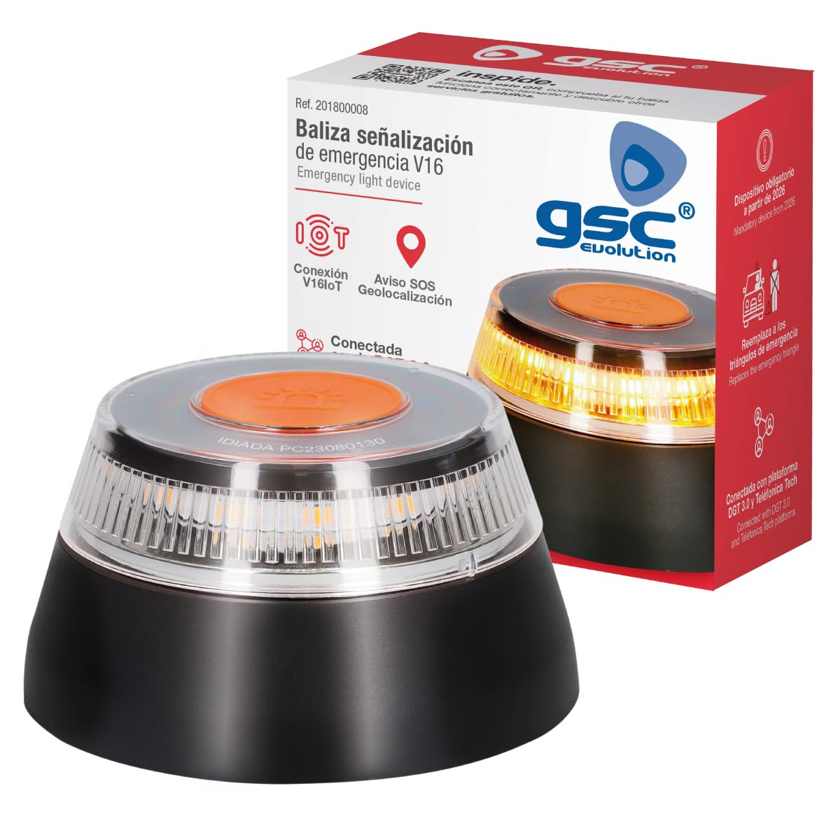 GSC Evolution - Luz de Emergencia V16 con Geolocalización – Baliza Homologada DGT 3.0, Obligatoria en 2026, Señal V-16 para Coche