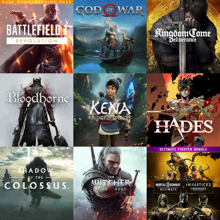 BF1, God of War, Kingdom Come, Bloodborne, Kena, Hades, The Witcher, Saga(Wolfenstein, Tierra Media, Assassin’s Creed), MK 11 + Injustice