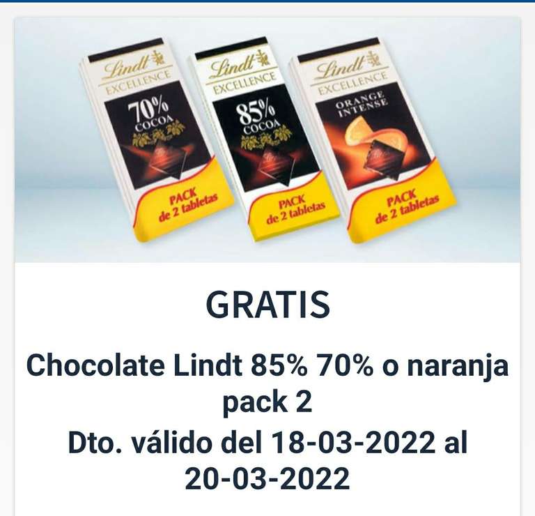 Gratis Chocolate lindt pack 2 85% 70% o naranja (cupón)